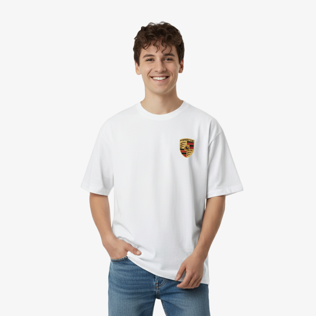Person wearing a white t-shirt with a logo on a white background