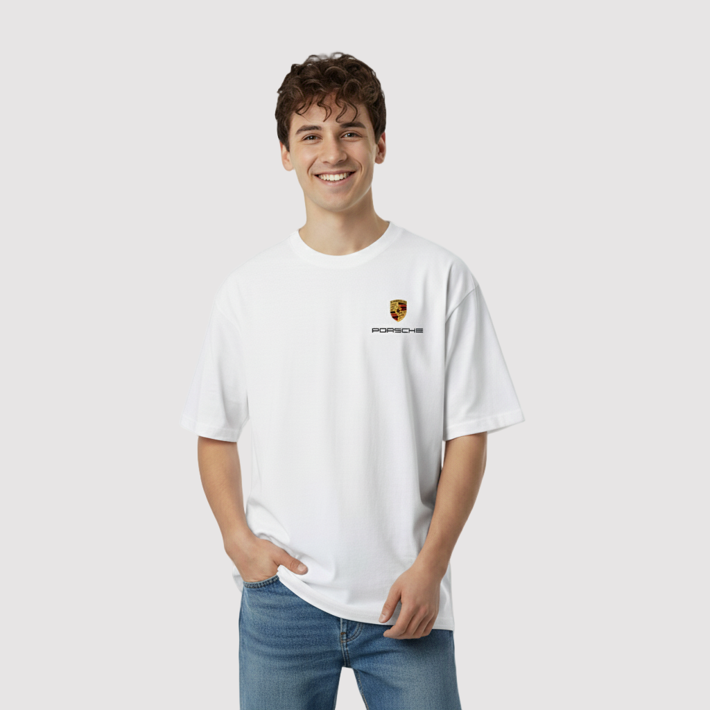 Person wearing a white t-shirt with a logo on a white background