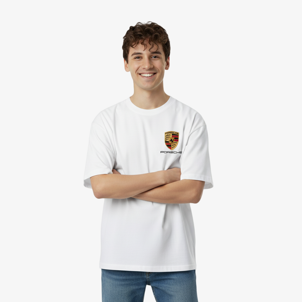 Person wearing a white t-shirt with a logo on a white background