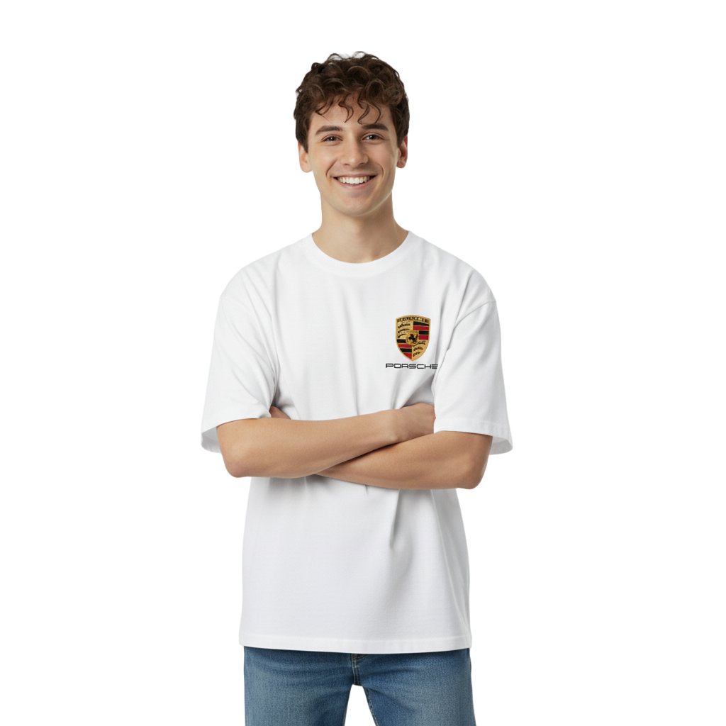 Person wearing a white t-shirt with a logo on a white background