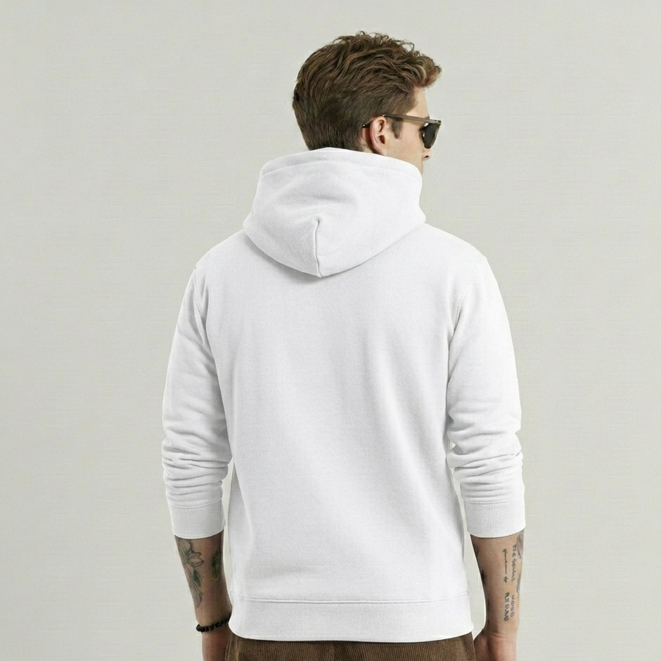 Man wearing a white hoodie from behind on a plain background
