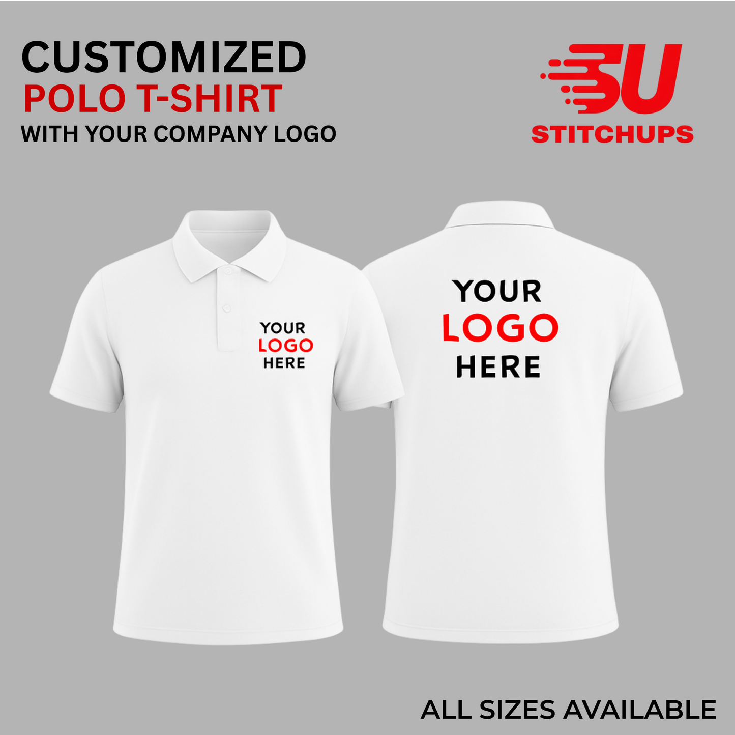 White polo t-shirt with space for customization on a gray background, featuring Stitchups logo.