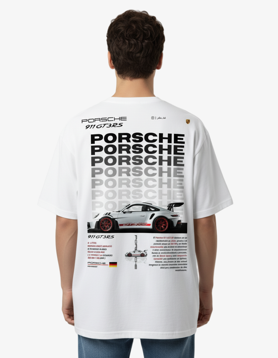 Person wearing a white Porsche t-shirt with branding and car graphics on the back.