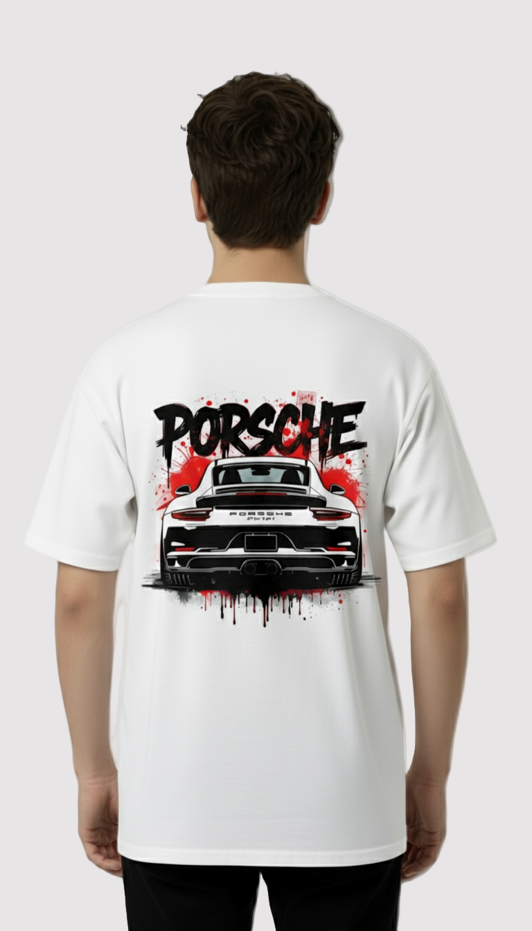 Person wearing a white t-shirt with a Porsche graphic on the back
