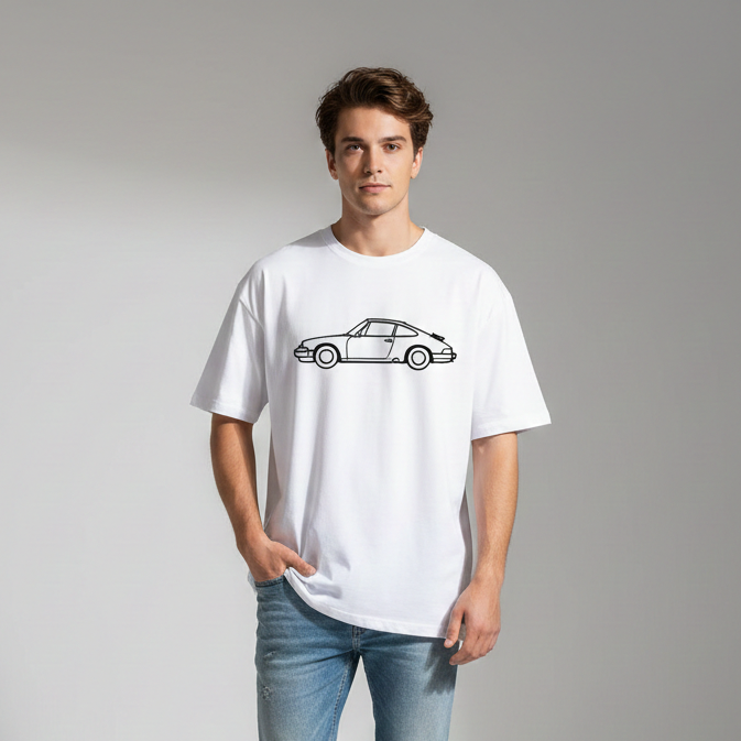 Man wearing a white t-shirt with a car graphic and blue jeans on a gray background