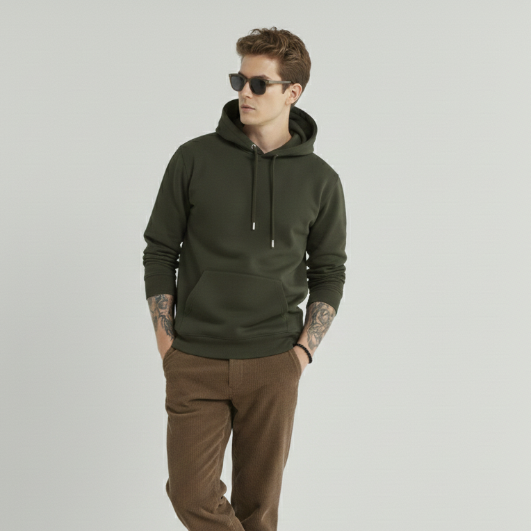 Man wearing a green hoodie and brown pants on a gray background