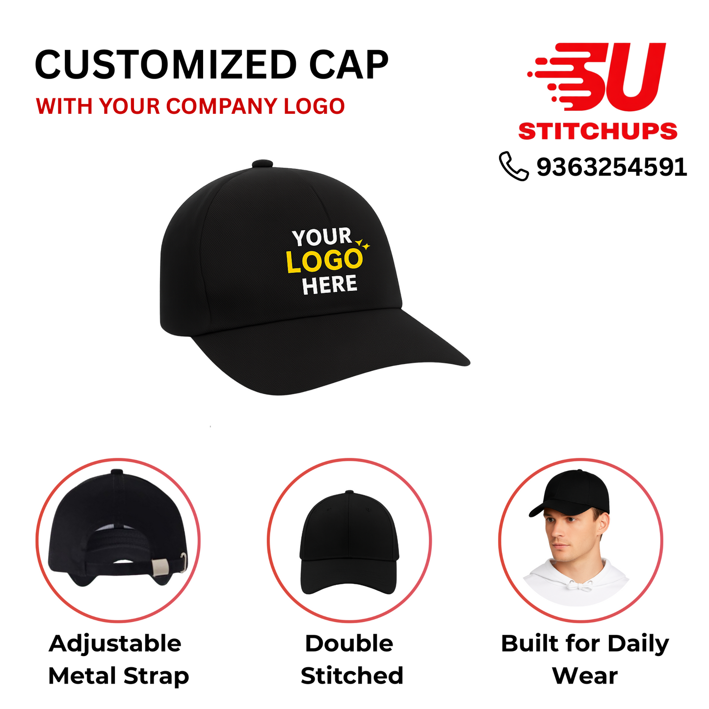 Black cap with customizable feature, brand logo, and contact information on a white background