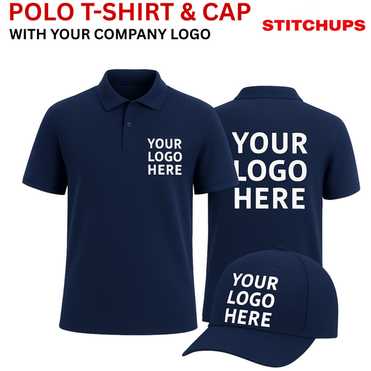 Navy blue polo shirt and cap with 'Your Logo Here' text, featuring Stitchups branding.