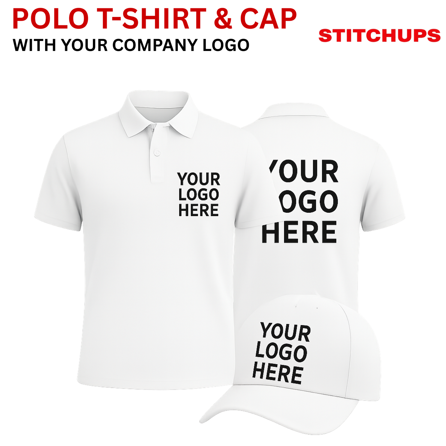 White polo shirt and cap with customizable logo space, branded by Stitchups.