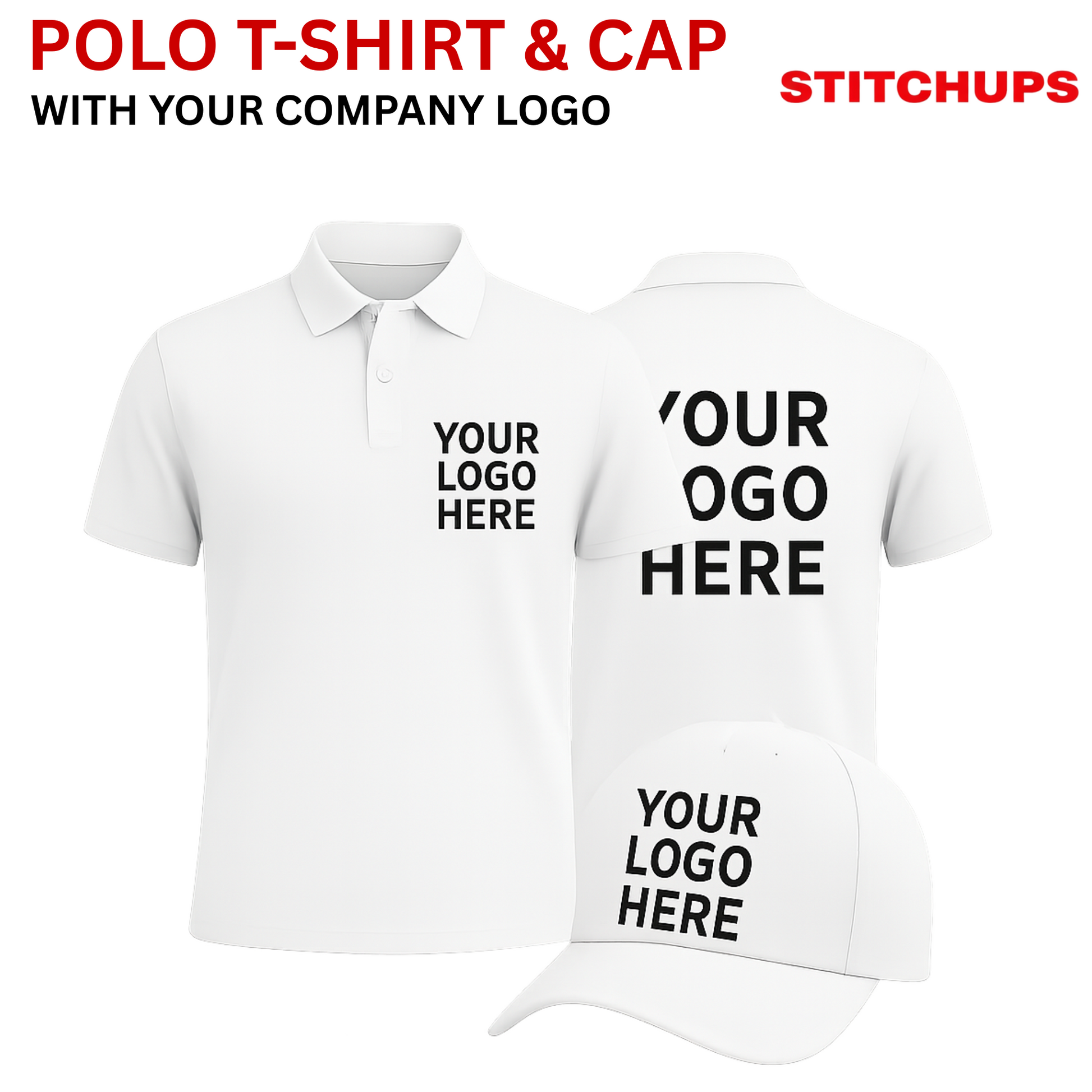 White polo shirt and cap with customizable logo space, branded by Stitchups.