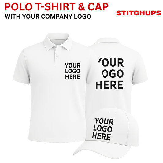 White polo shirt and cap with customizable logo space, branded by Stitchups.