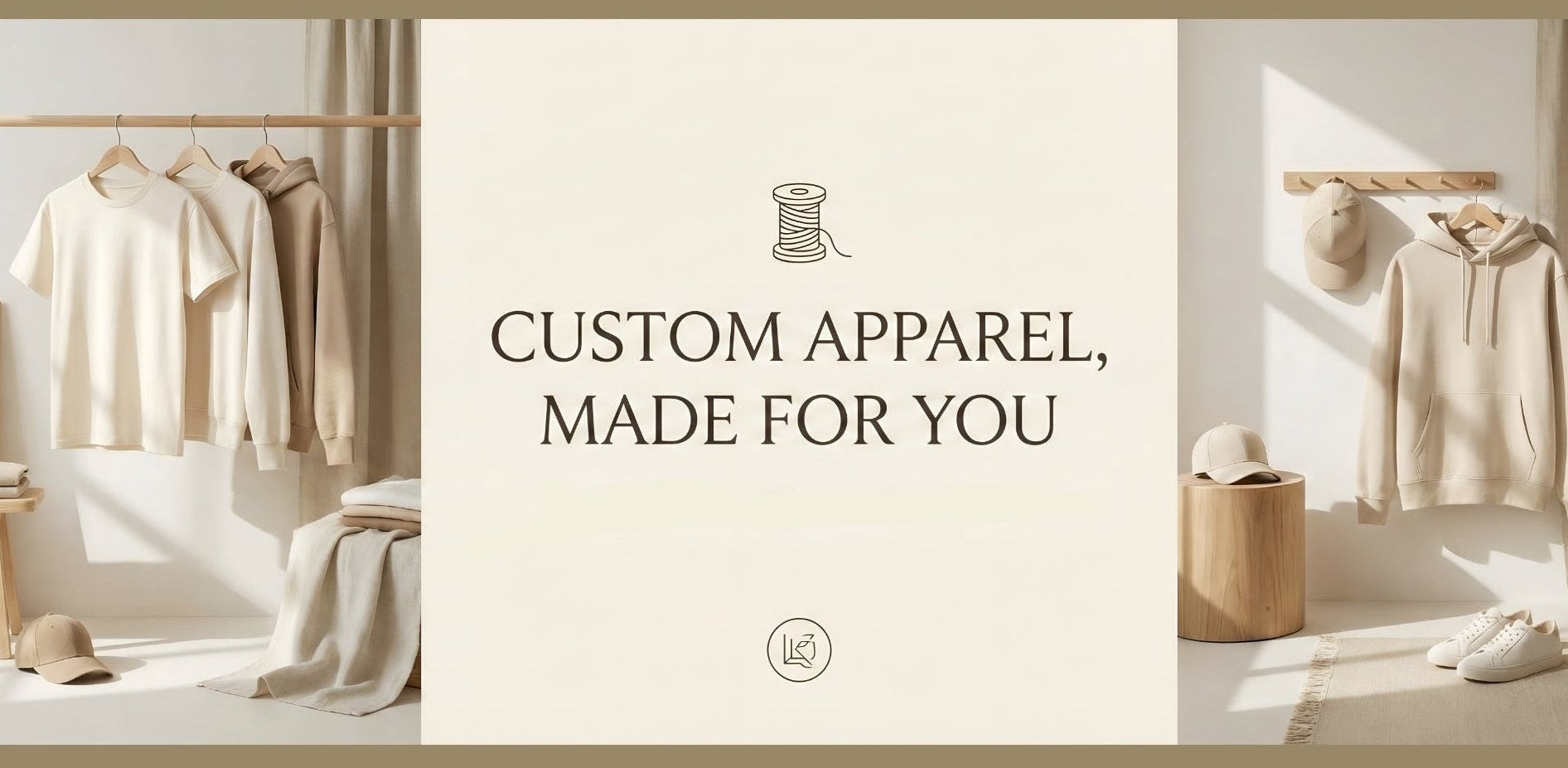 Shopify store advertisement for custom apparel with clothing on racks and a minimal background.
