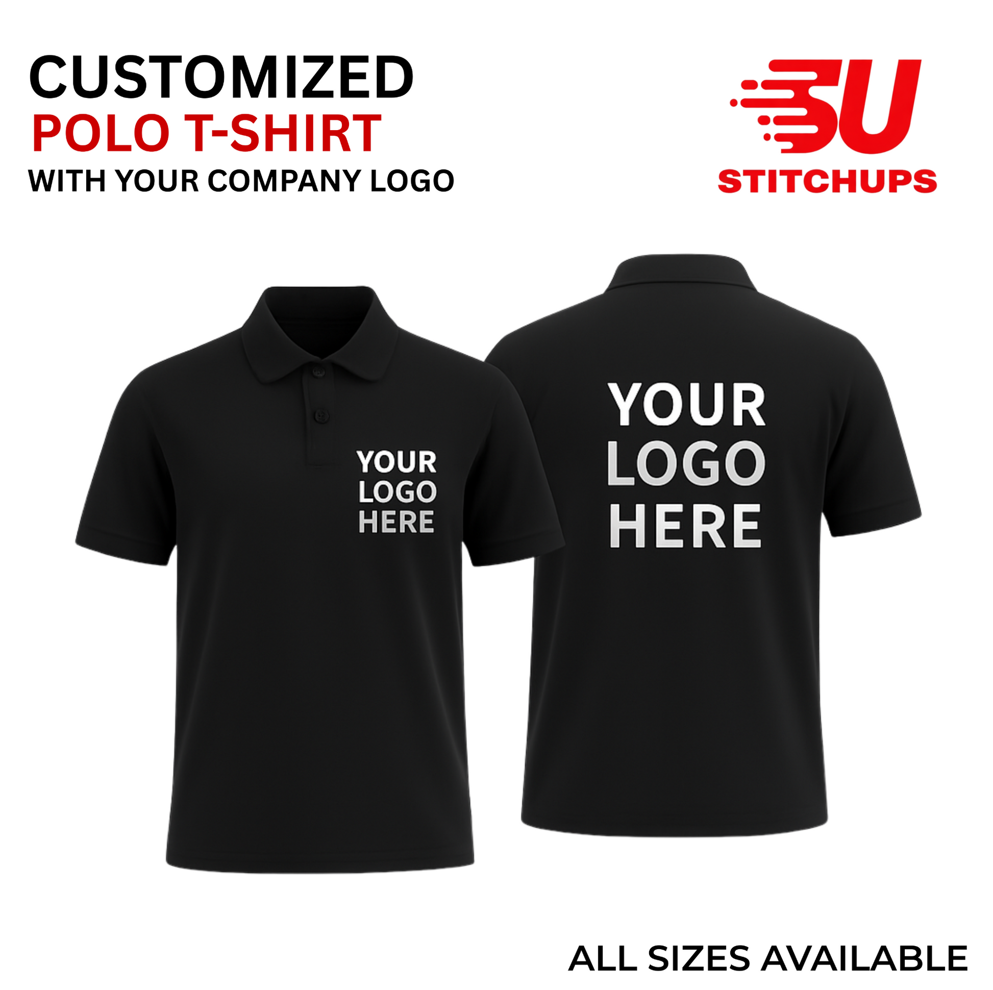Black polo t-shirt with space for customization on a white background, featuring Stitchups logo.