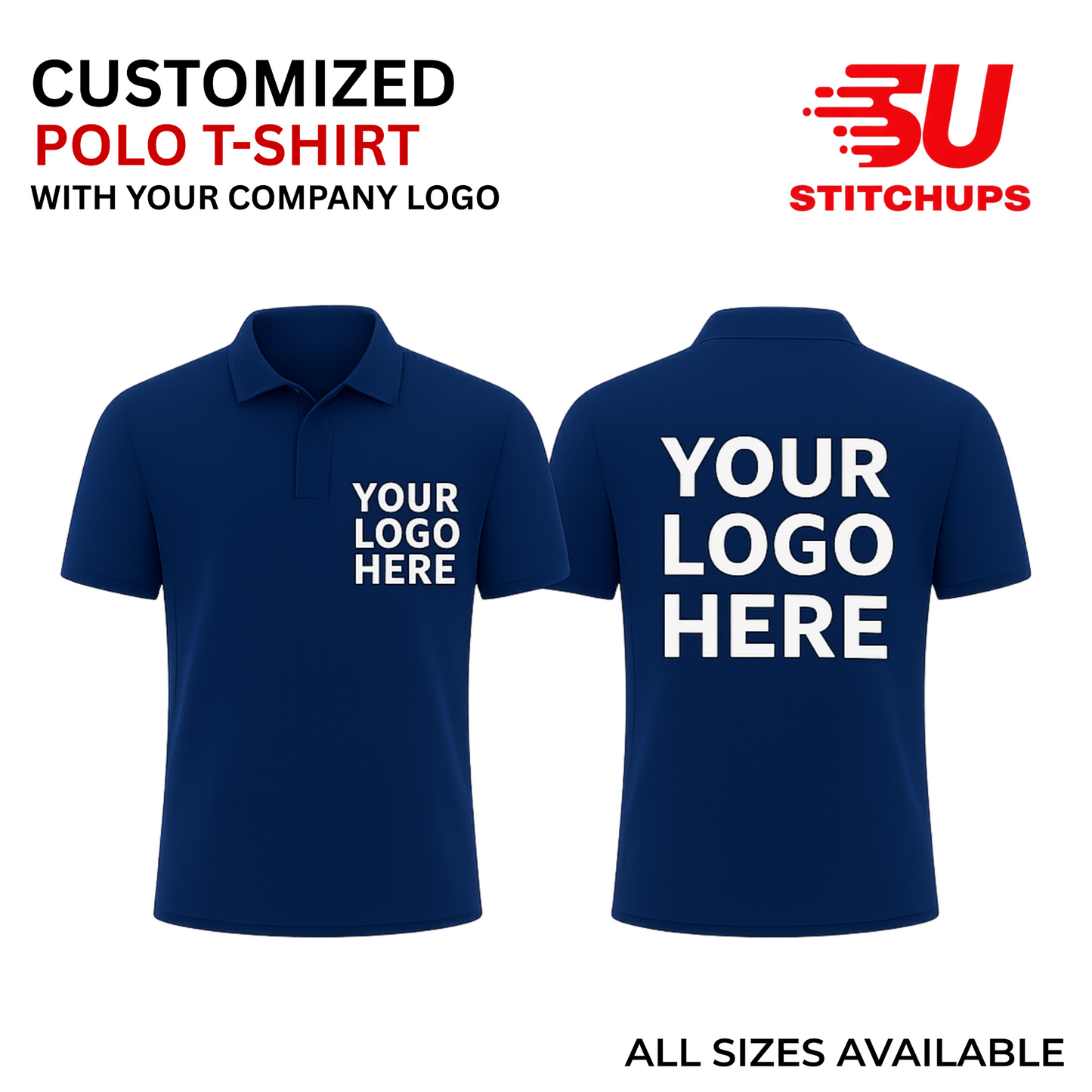 Two navy blue polo shirts with 'Your Logo Here' text, branded with Stitchups on a white background.