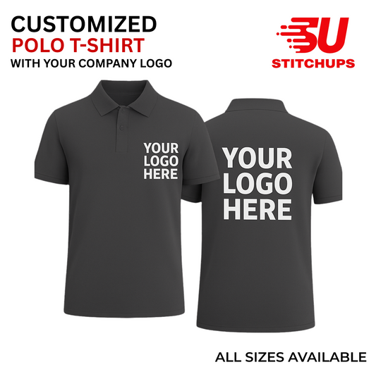 Customized polo t-shirt with space for a company logo, displayed on a white background with Stitchups branding.