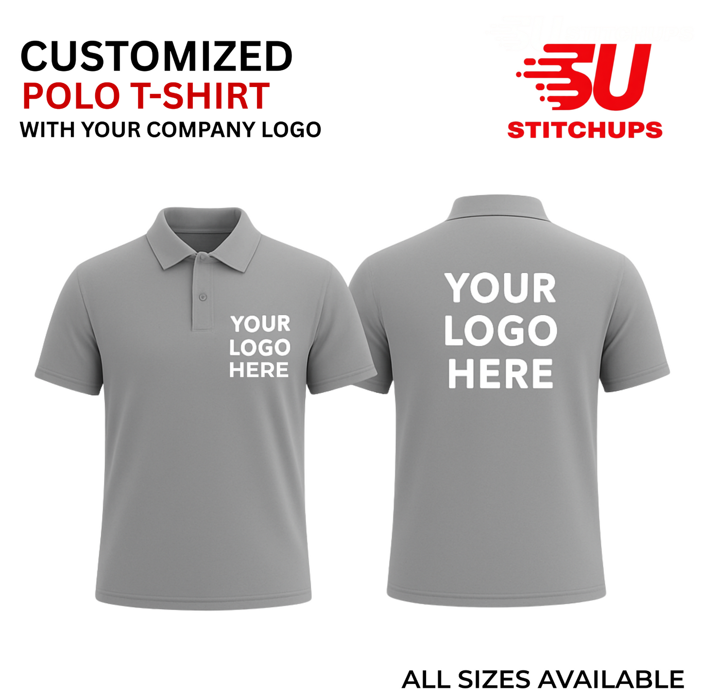 Gray polo shirt with space for customization with a company logo, displayed on a white background.