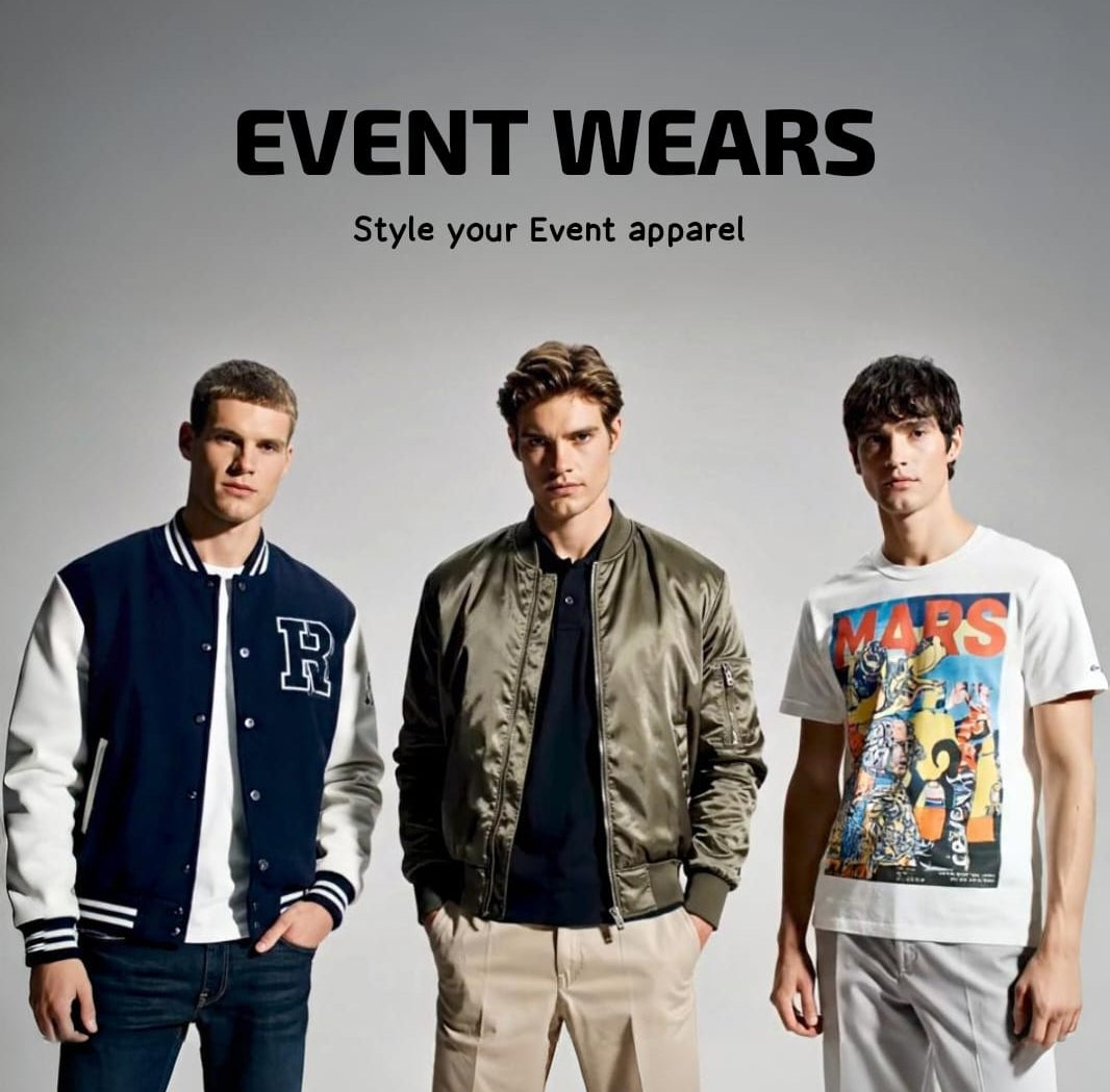 Three individuals wearing different outfits with 'Event Wears' text above them on a gray background.