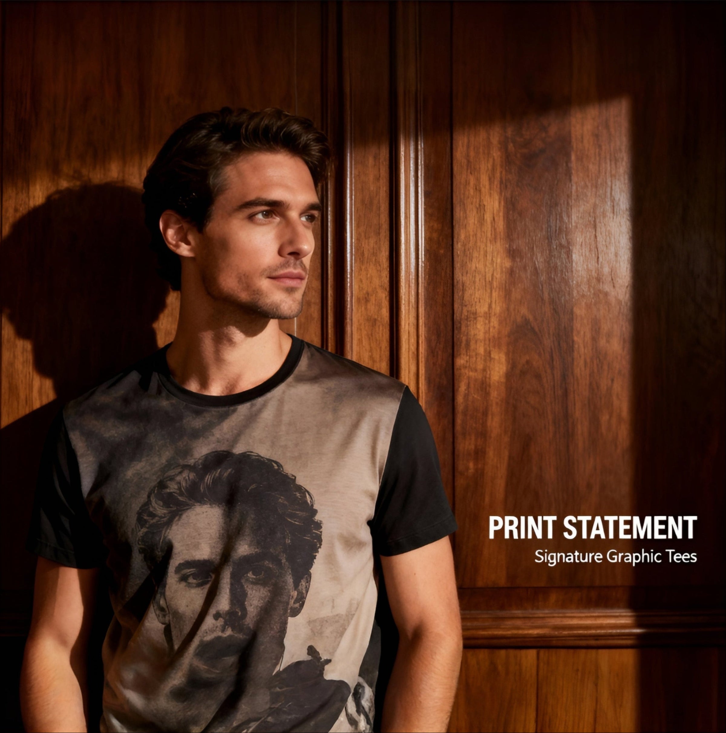 Man wearing a graphic t-shirt with a printed design in front of a wooden panel.