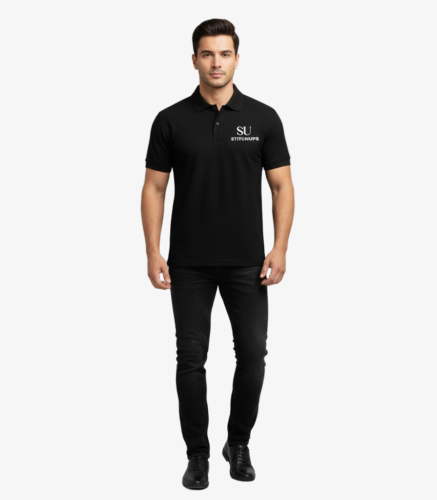 Man wearing a black polo shirt with a logo on a gray background